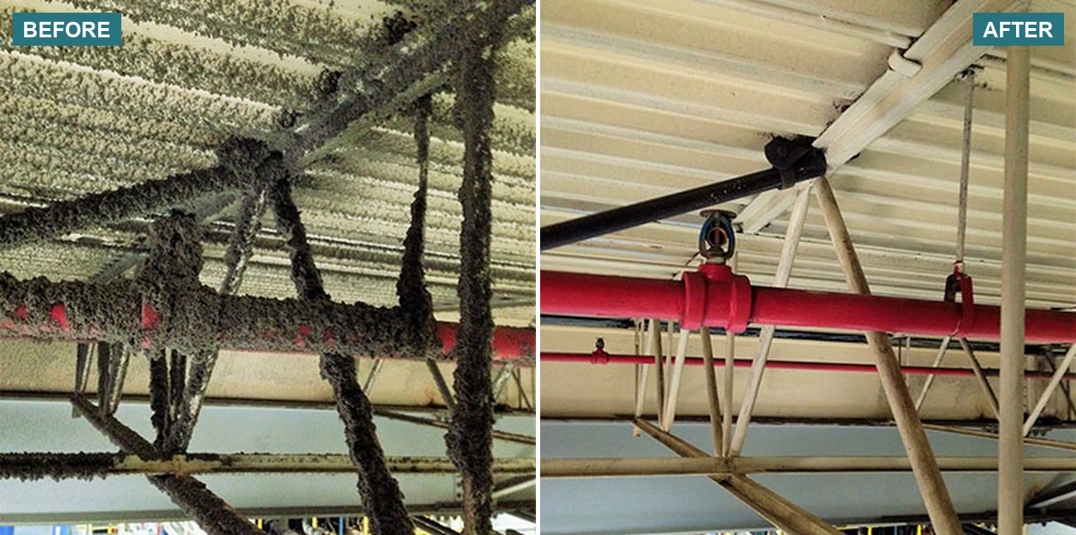 High overhead pipes and ceiling deck, before and after high dusting